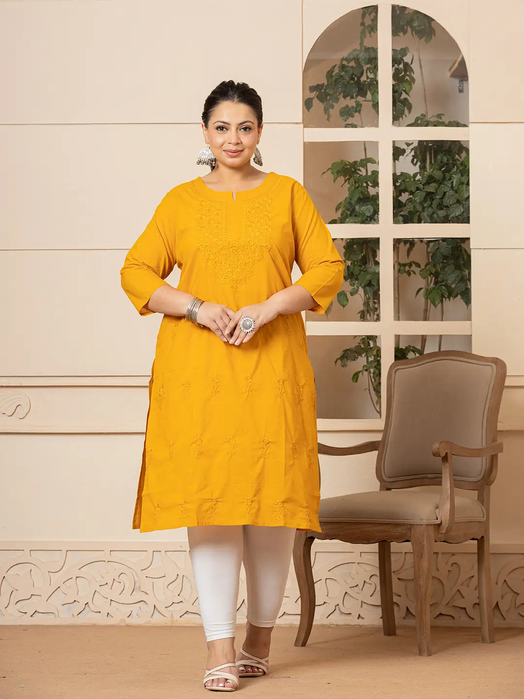 Yufta Women Mustard Floral Straight Plus Size Kurta