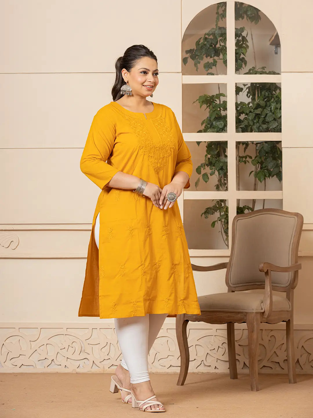 Yufta Women Mustard Floral Straight Plus Size Kurta