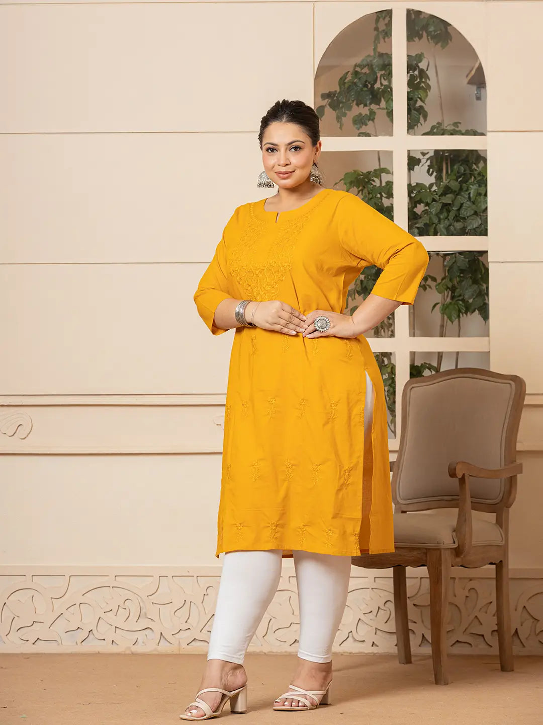 Yufta Women Mustard Floral Straight Plus Size Kurta