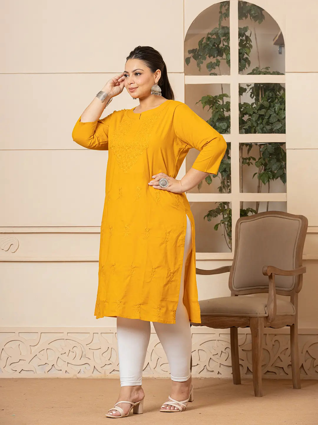 Yufta Women Mustard Floral Straight Plus Size Kurta