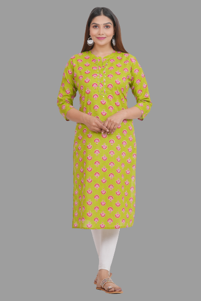 House of RP Women's Green Cotton Floral Print Straight Kurta