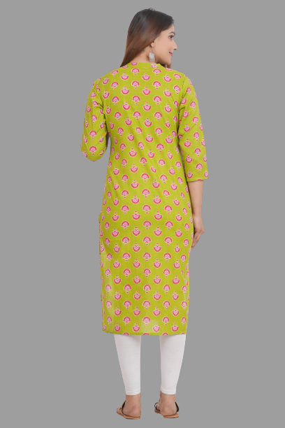 House of RP Women's Green Cotton Floral Print Straight Kurta