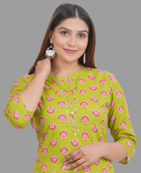 House of RP Women's Green Cotton Floral Print Straight Kurta