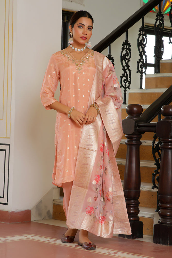 Vaasva Women Peach Tissue Brocade Embroidered Kurta With Scalloped Pant & Dupatta