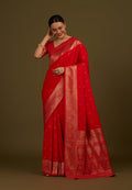 Monjolika Fashion Elegant Red Banarasi Silk Blend SareeBrocade Motifs & Zari Woven Splendor