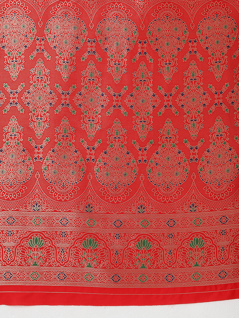 Monjolika Fashion Elegant Red Banarasi Silk Blend SareeBrocade Motifs & Zari Woven Splendor