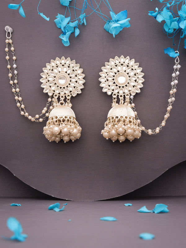 Tehzeeb Creations Kundan Pearl Studded Long Dangle Earrings For Women & Girls