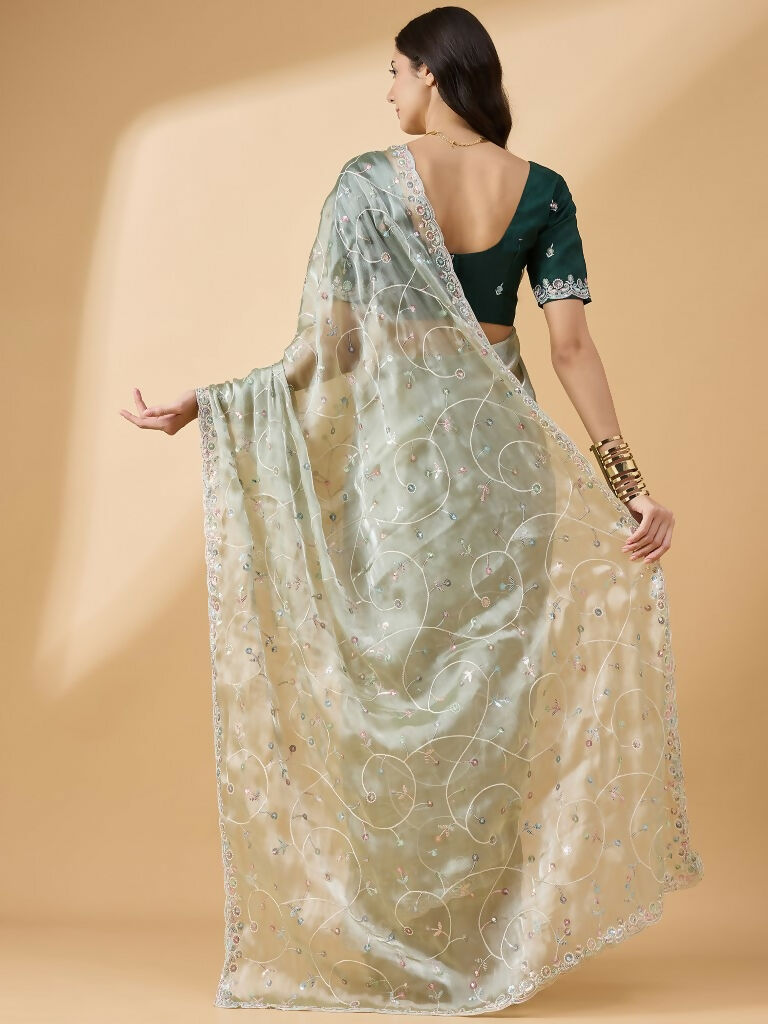 Green Organza Sequence Embroidered Saree with Unstitched Blouse - Satya