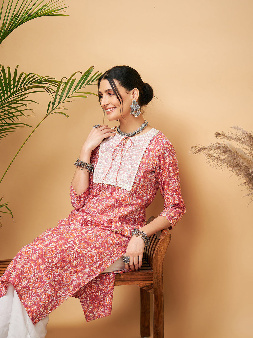 InWeave Women's Dusty Pink Paisley Patch Straight Kurta Pant Set