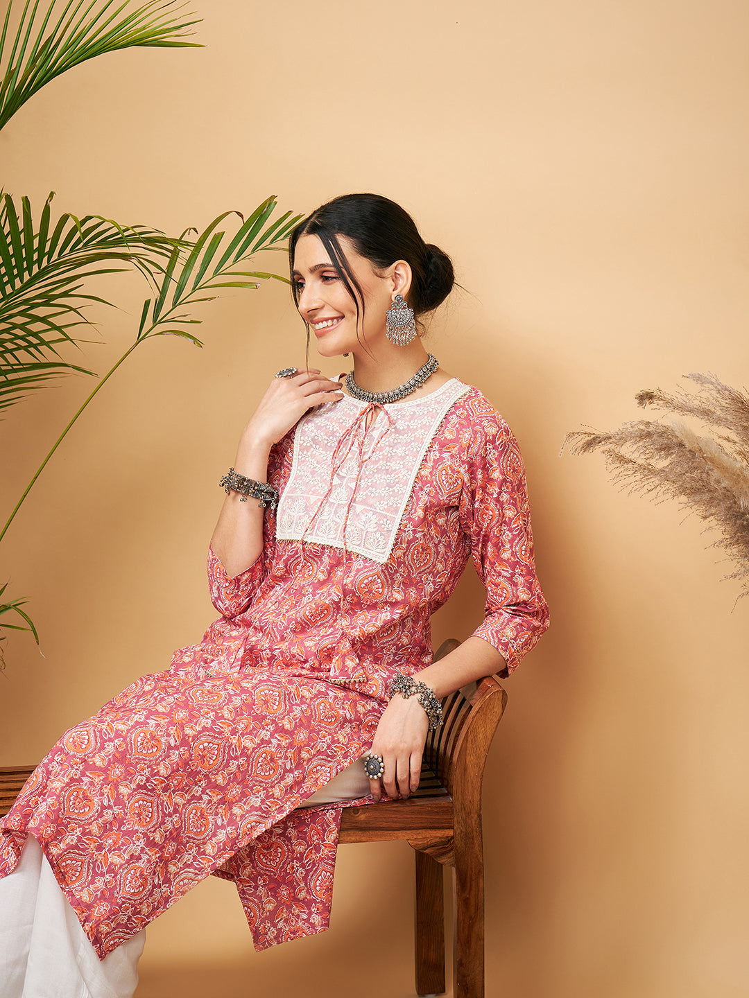 InWeave Women's Dusty Pink Paisley Patch Straight Kurta Pant Set