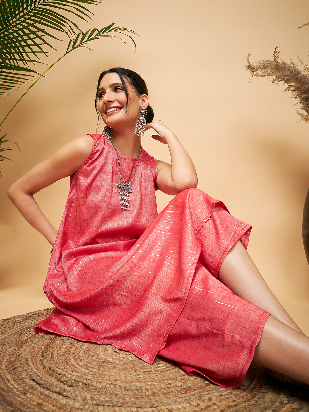 InWeave Women's Red Lurex Short Pallazo Kurta Set