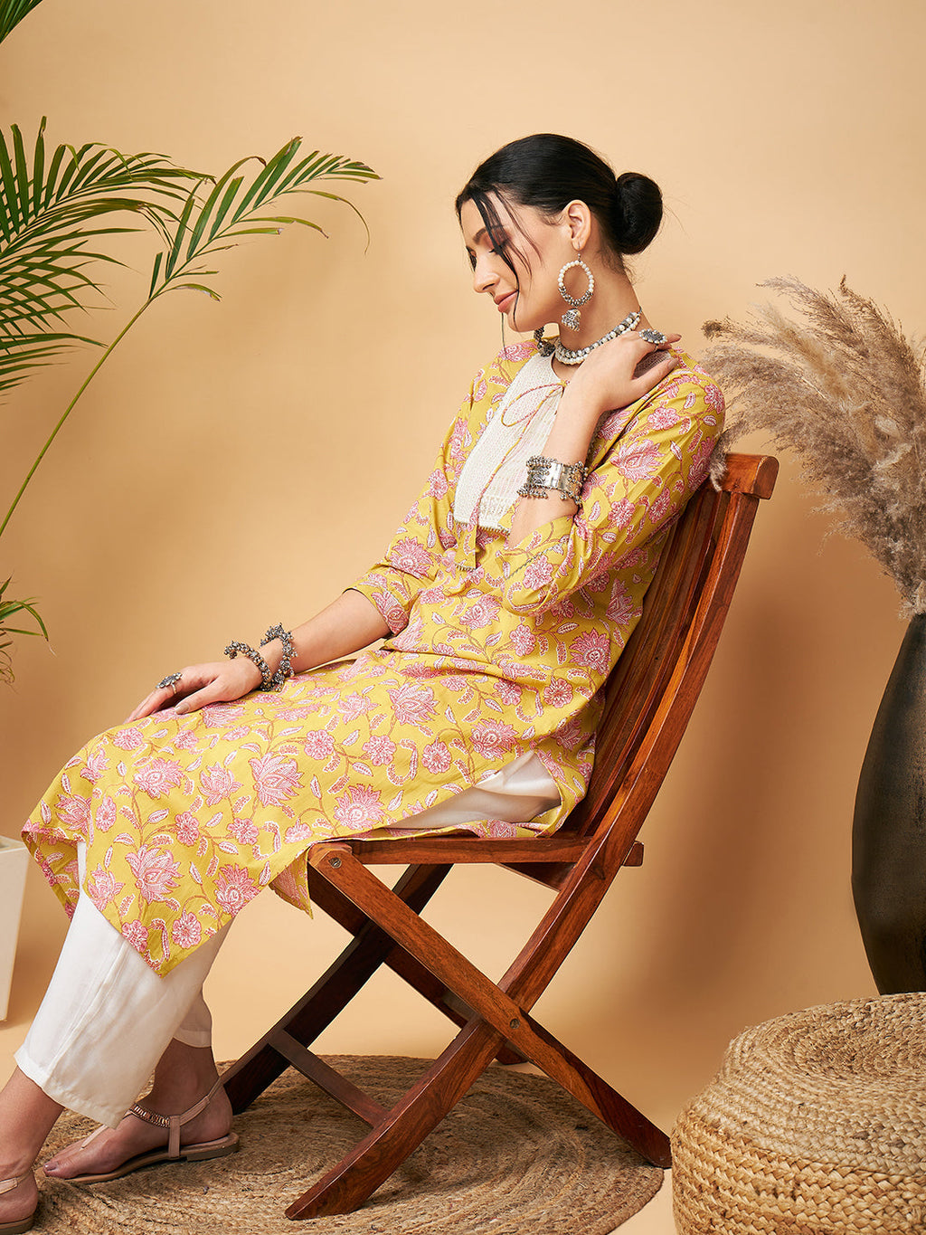 InWeave Women's Lime Pink Print Patch Cotton Straight Kurta Pant Set