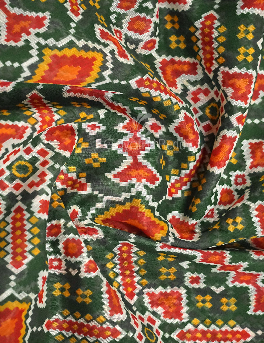 Shades of Navy Parrot Green Colour Patola Print Semi Chanderi Saree By Gayathri Reddy Designer Studio