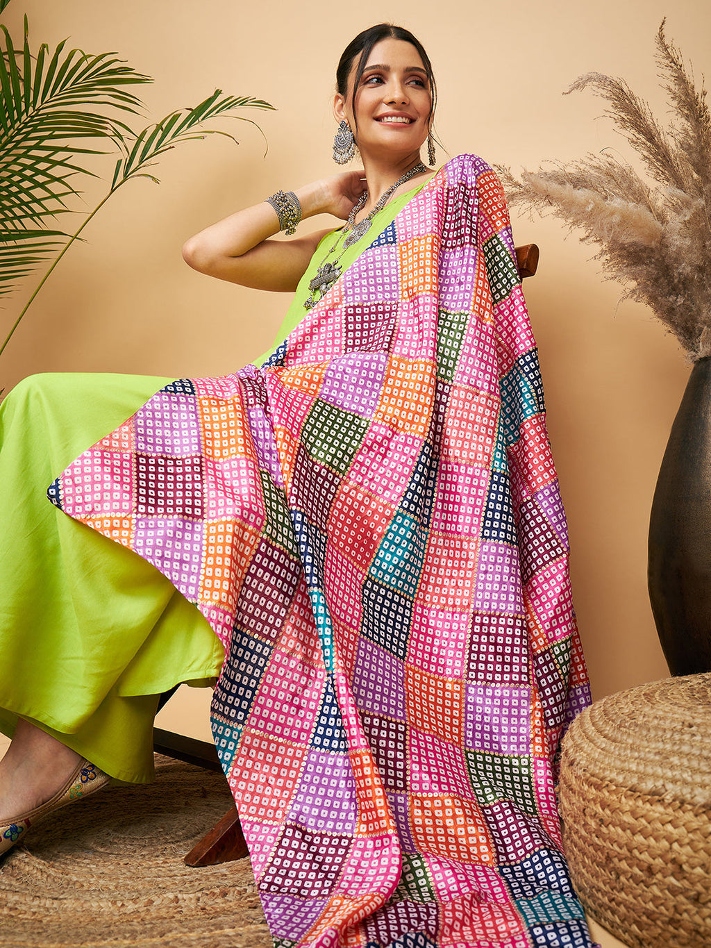 InWeave Women's Lime Green Strappy Set W Square Bandhani Print Silk Dupatta