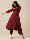 trueBrowns Ruby Wine Slub Texture Back Pleat Kurta Pant Set