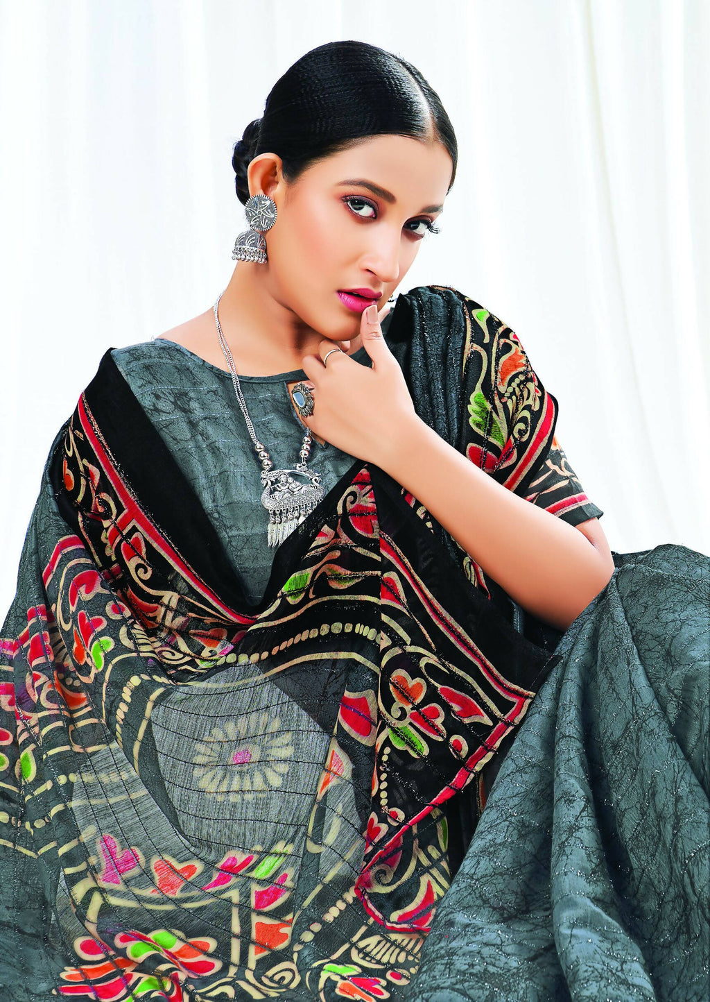 Grey Chanderi Cotton Floral Printed Saree With Unstitched Blouse Piece - Kathika