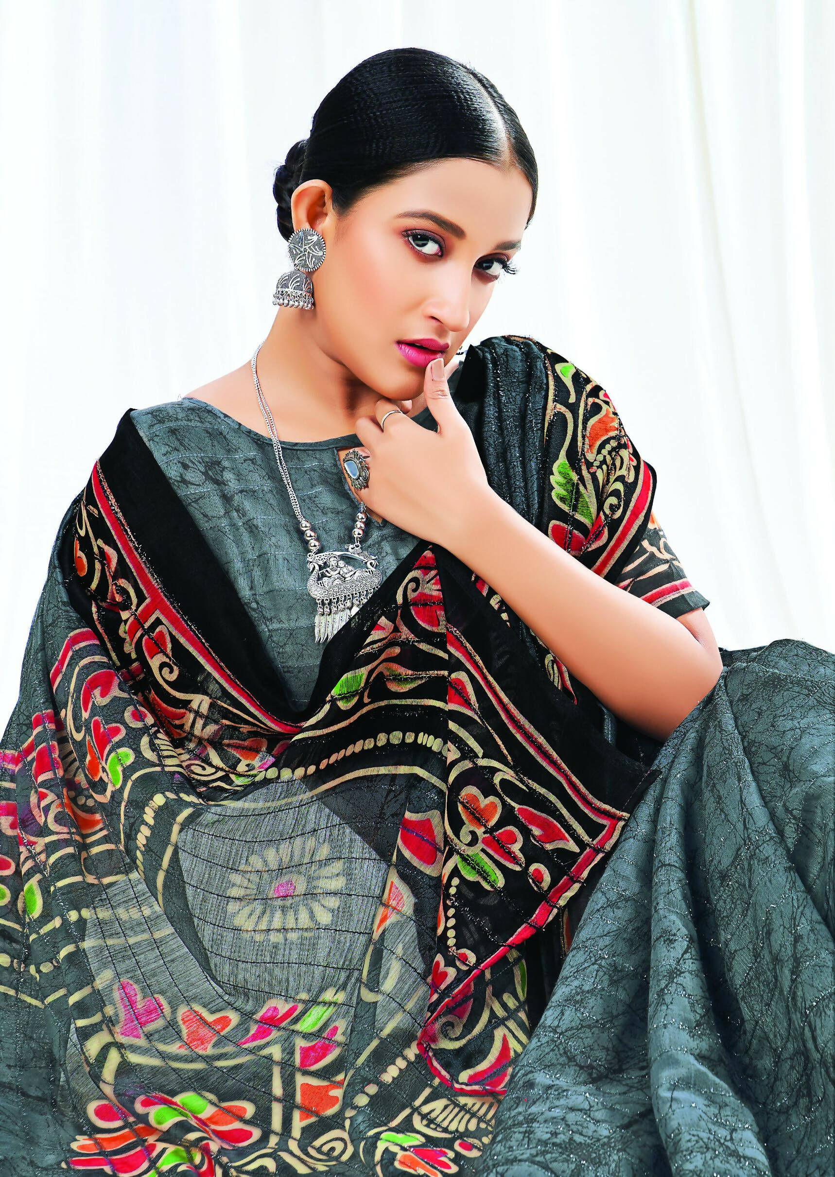 Grey Chanderi Cotton Floral Printed Saree With Unstitched Blouse Piece - Kathika