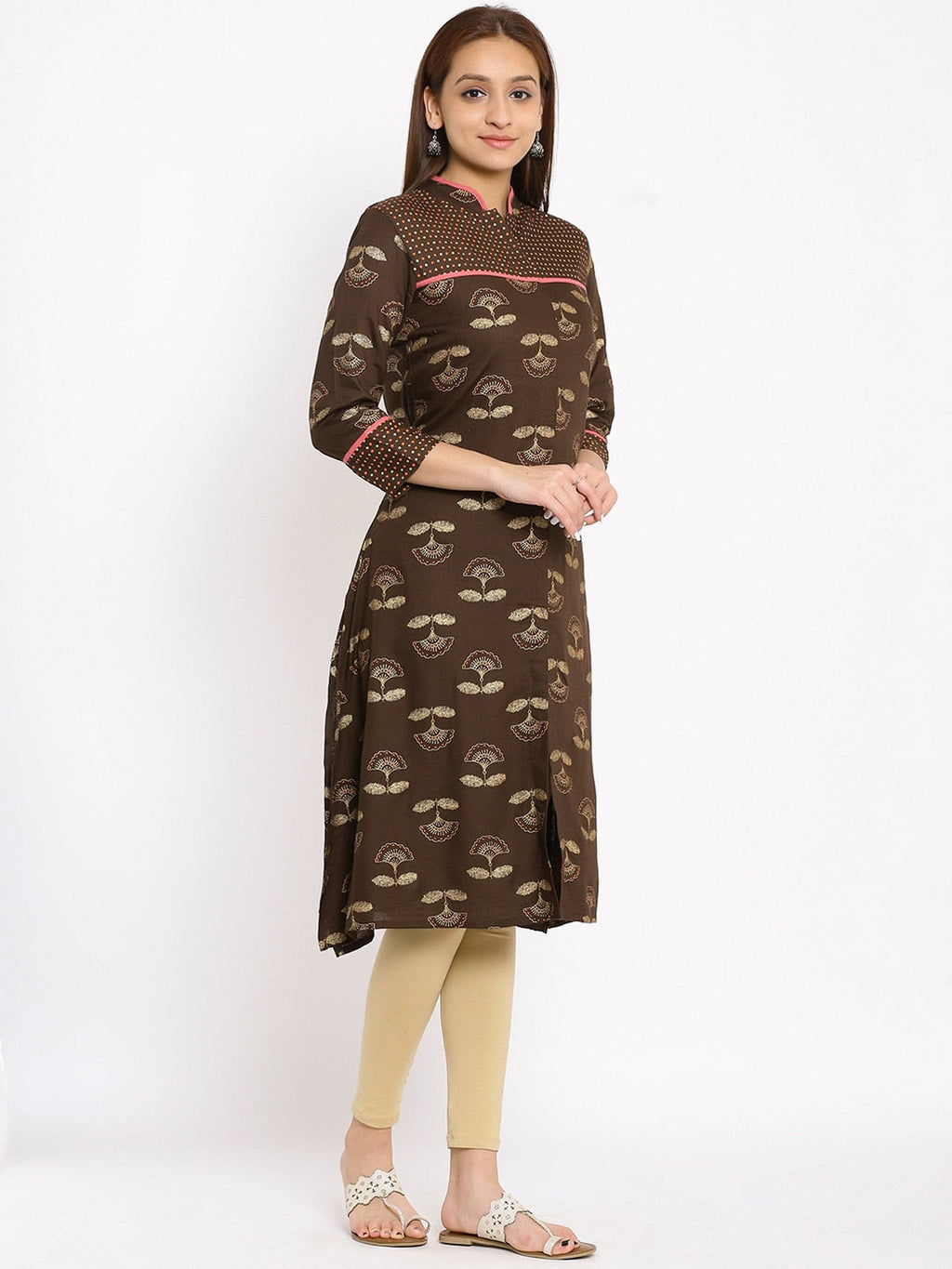 HERE&NOW Brown & Beige Mandarin Collar Floral Printed Straight Kurta