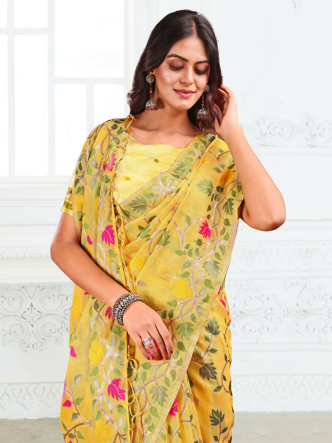 Shree Shyam Fashion Linen Cotton Yellow Saree