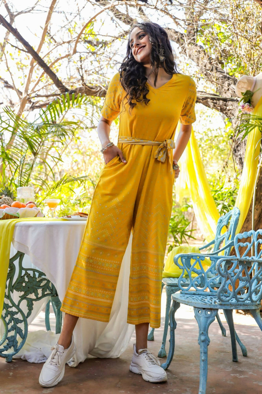 Juniper Women Mustard Rayon Flex Printed Straight Jumpsuit