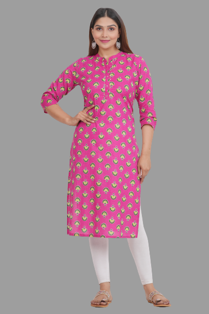 House of RP Women's Pink Cotton Floral Print Straight Kurta