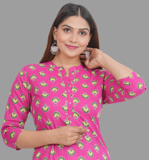 House of RP Women's Pink Cotton Floral Print Straight Kurta