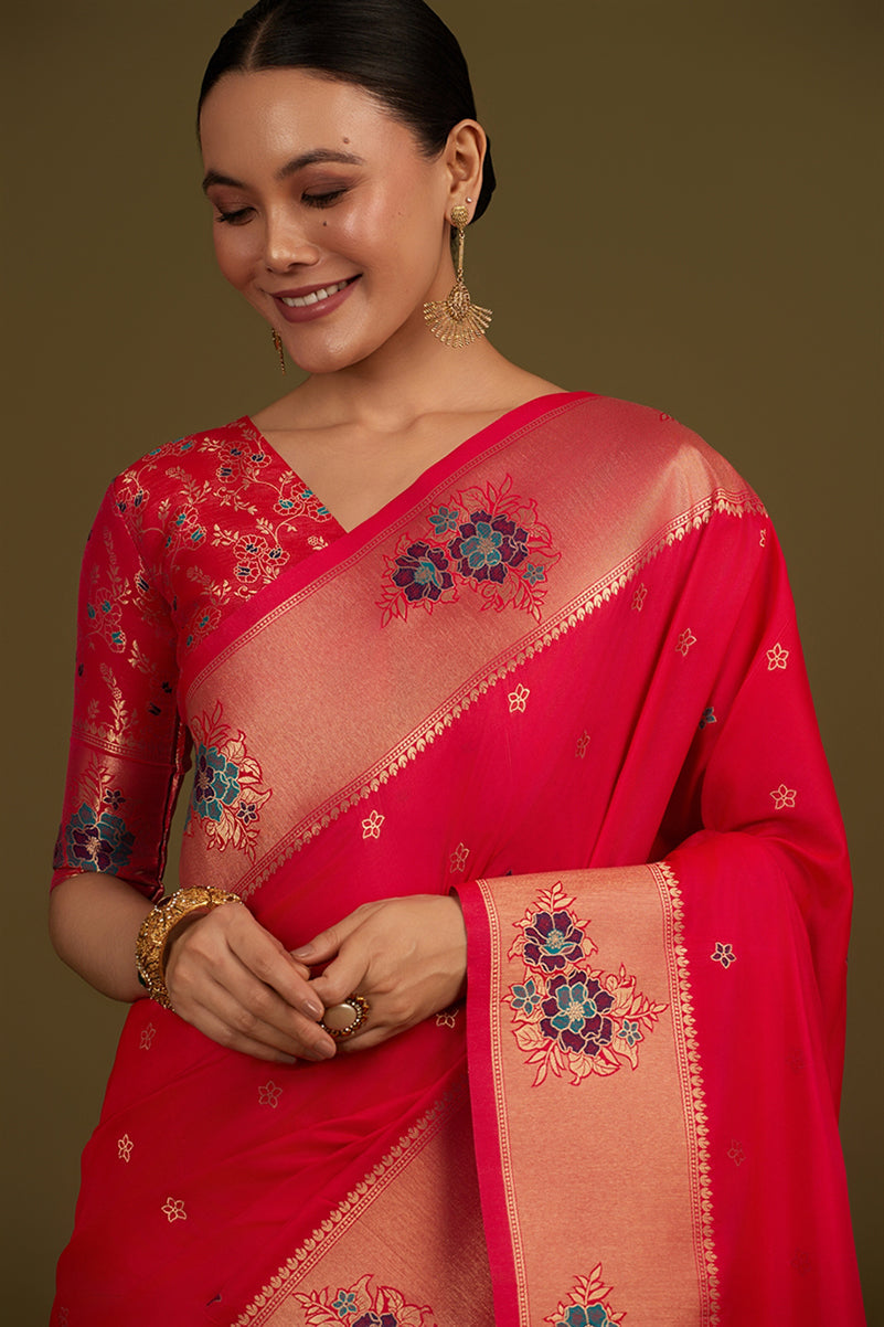 Monjolika Fashion Pink Woven Silk Blend SareeWith Zari Work & Floral Motifs