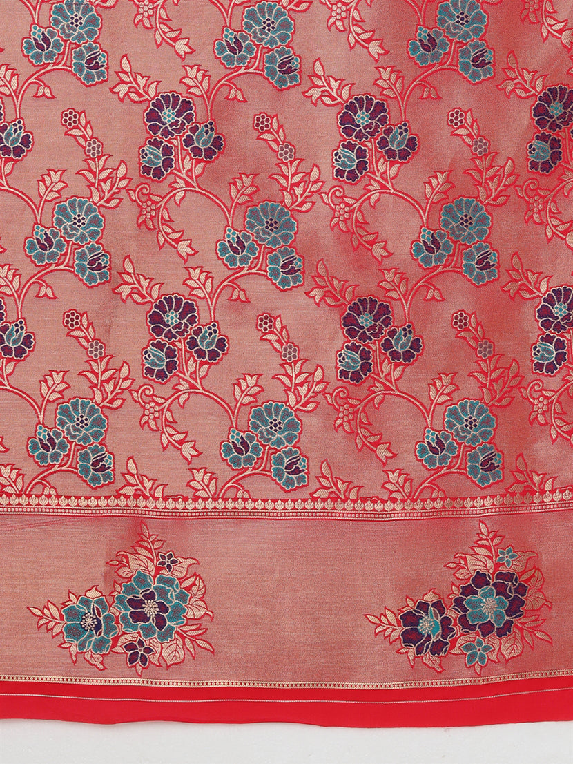 Monjolika Fashion Pink Woven Silk Blend SareeWith Zari Work & Floral Motifs