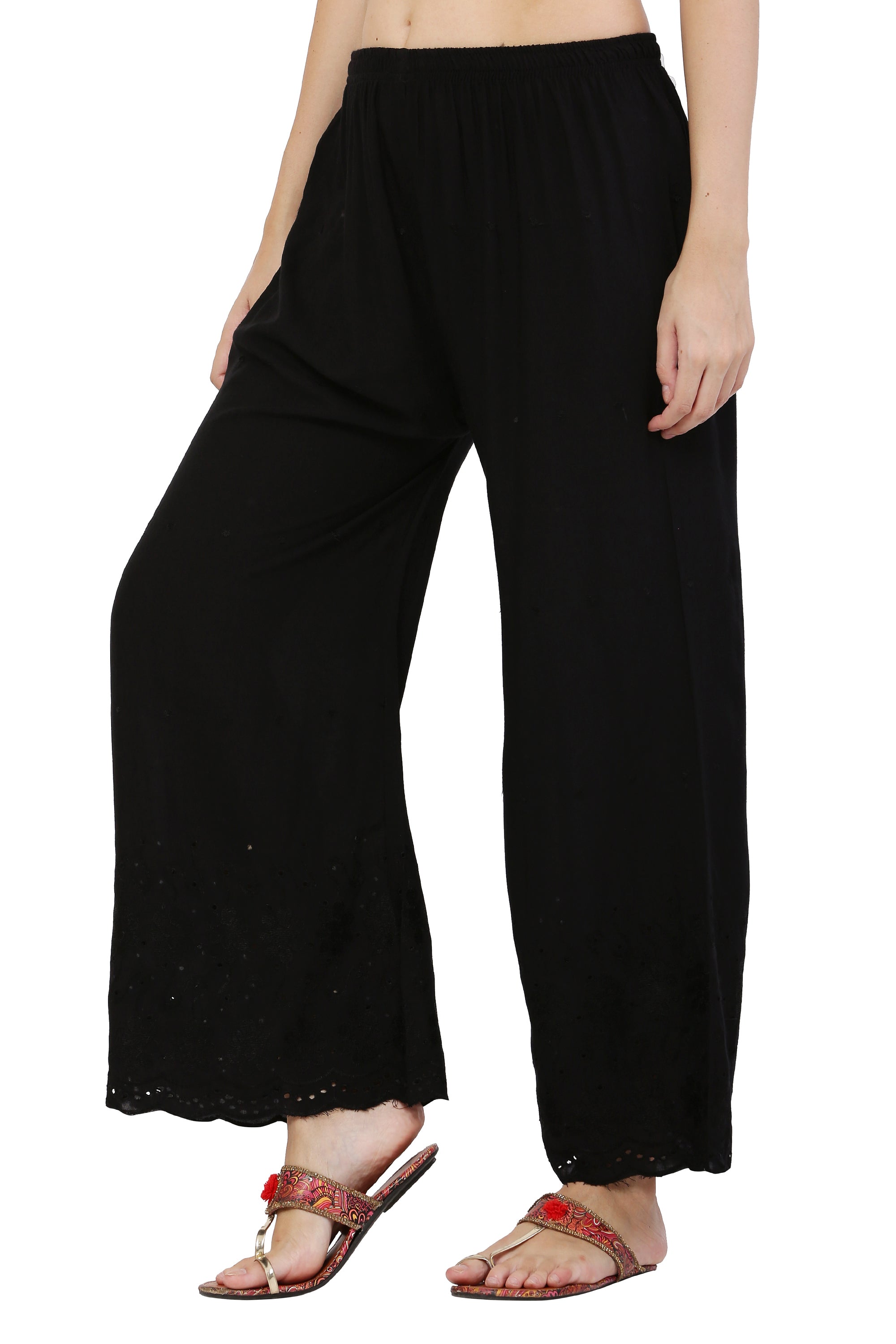 PAVONINE Black Color Half Schiffli Chikankari Rayon Fabric Palazzo For Women