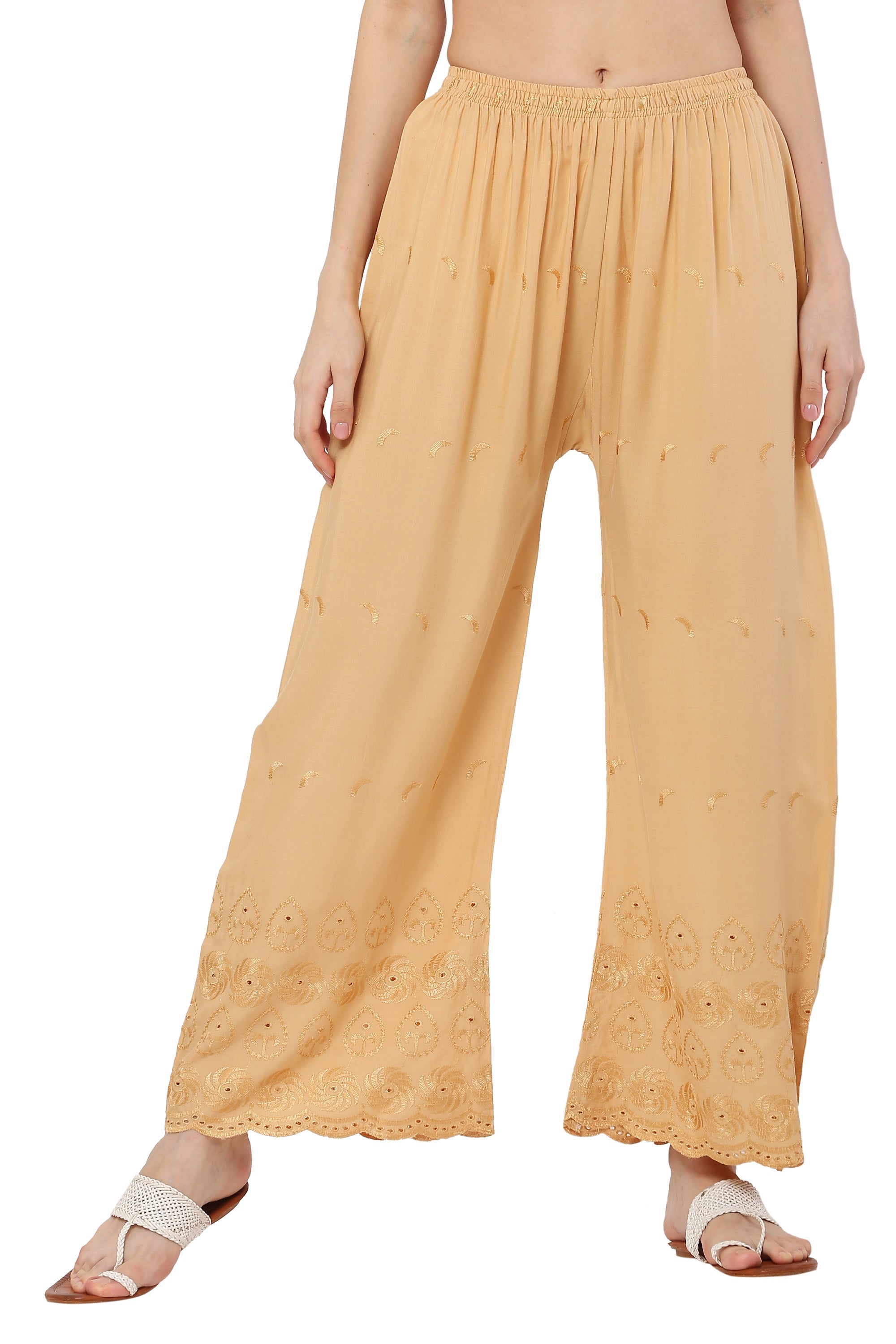 PAVONINE Beige Color Half Schiffli Chikankari Rayon Fabric Palazzo For Women
