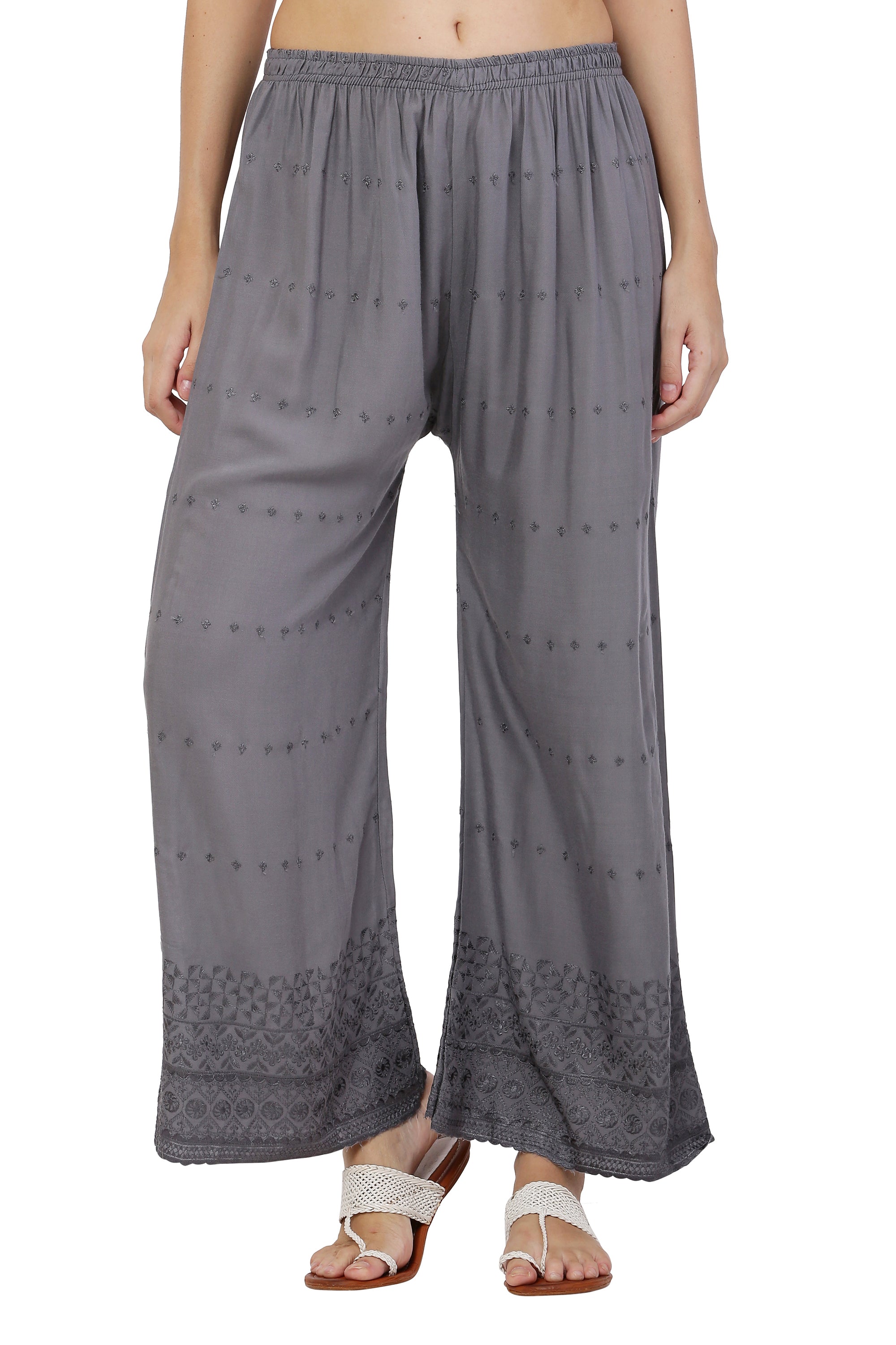 PAVONINE Grey Color Half Schiffli Chikankari Rayon Fabric Palazzo For Women