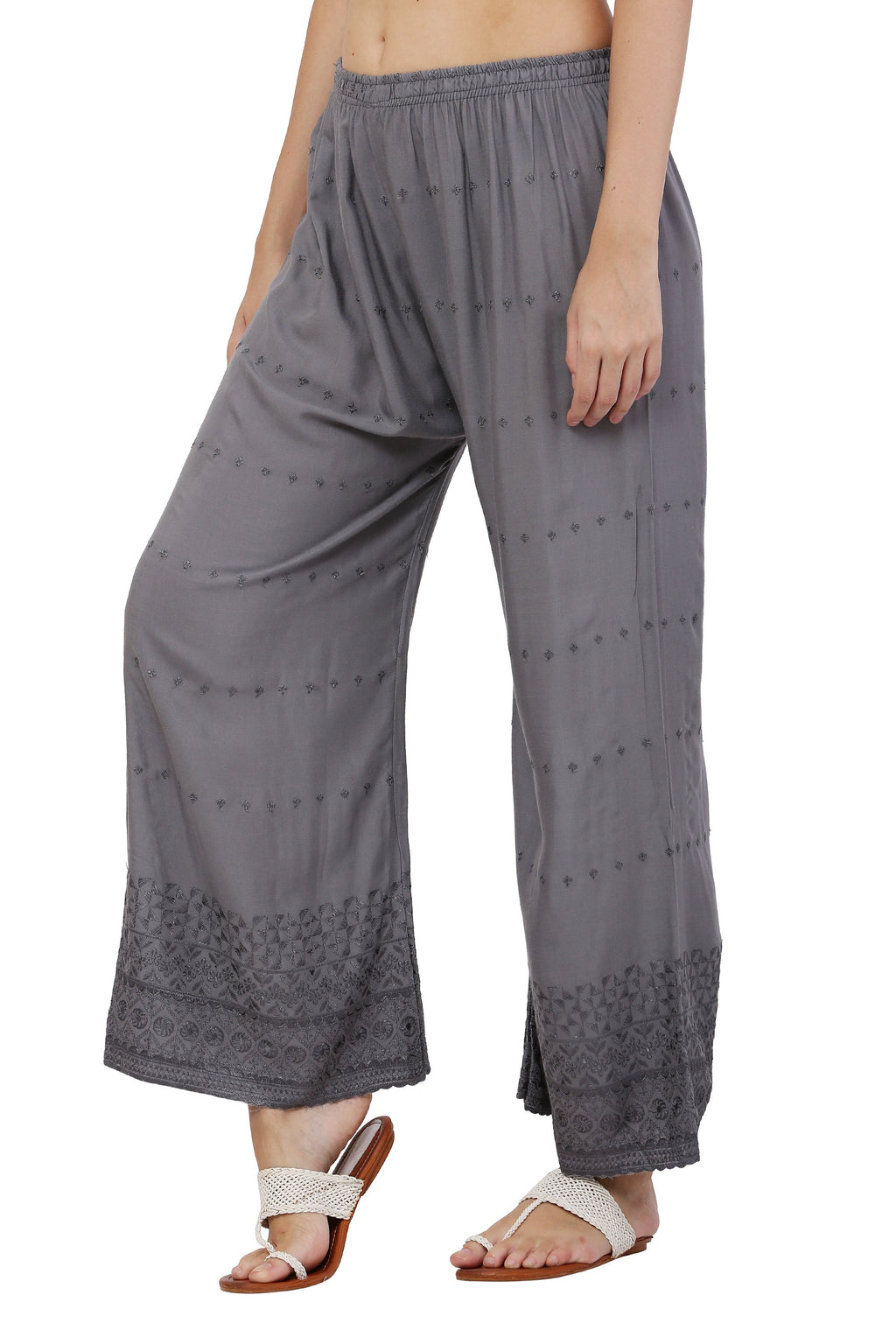 PAVONINE Grey Color Half Schiffli Chikankari Rayon Fabric Palazzo For Women