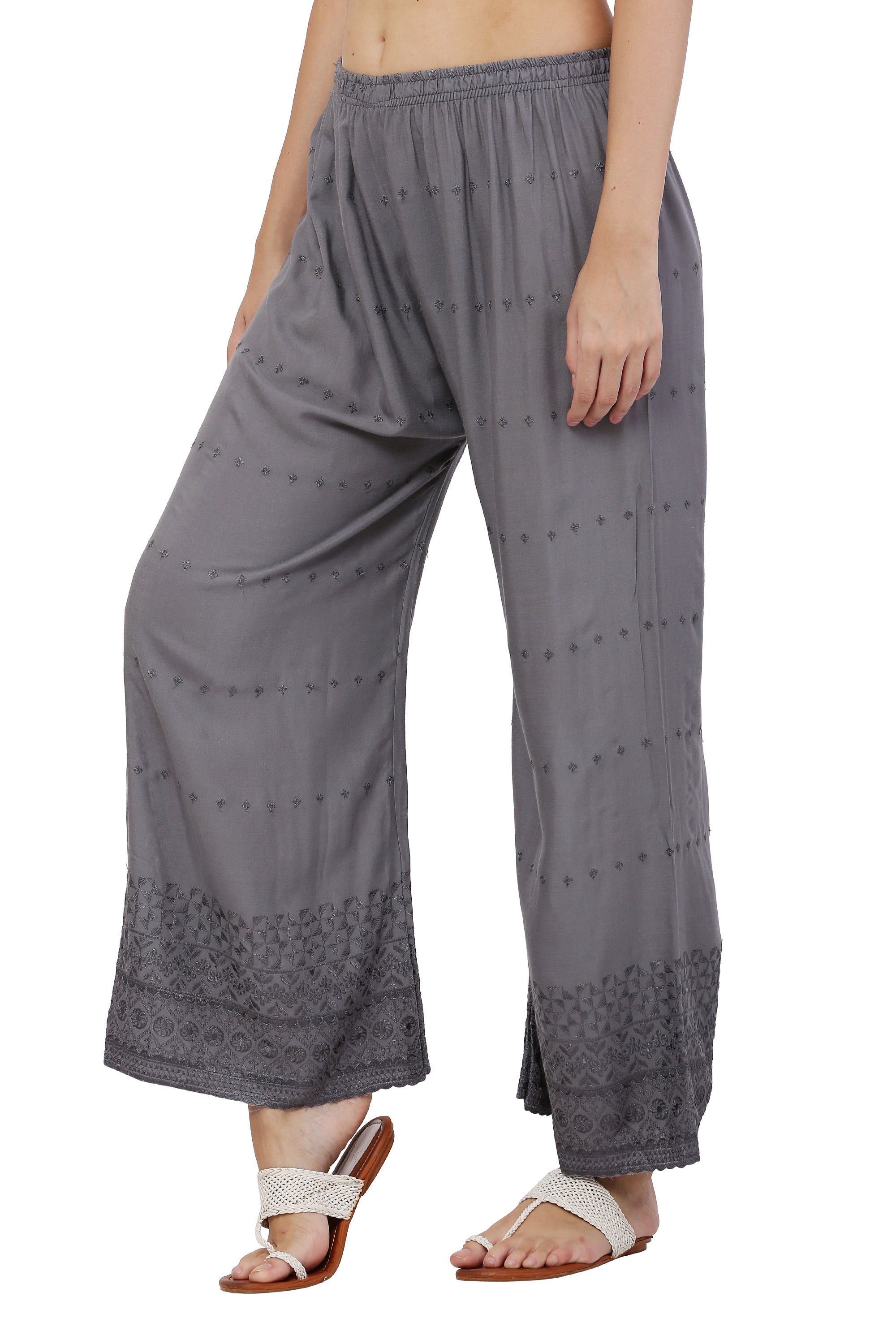 PAVONINE Grey Color Half Schiffli Chikankari Rayon Fabric Palazzo For Women