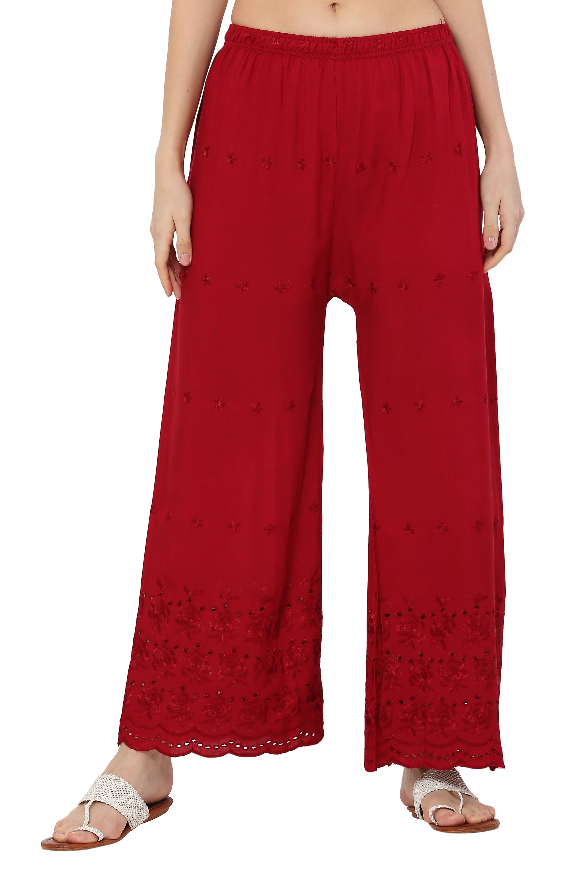 PAVONINE Maroon Color Half Schiffli Chikankari Rayon Fabric Sharara For Women