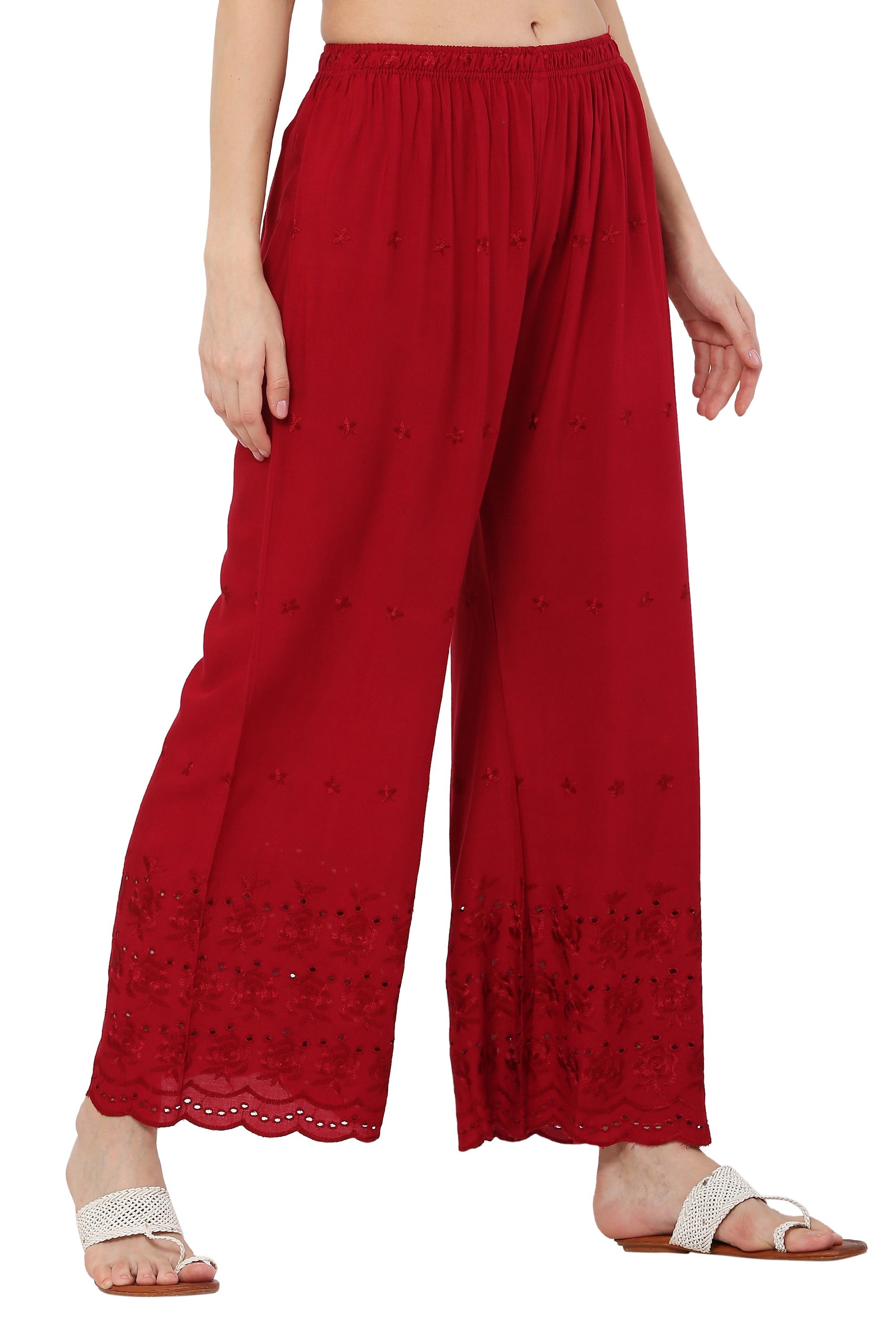 PAVONINE Maroon Color Half Schiffli Chikankari Rayon Fabric Sharara For Women