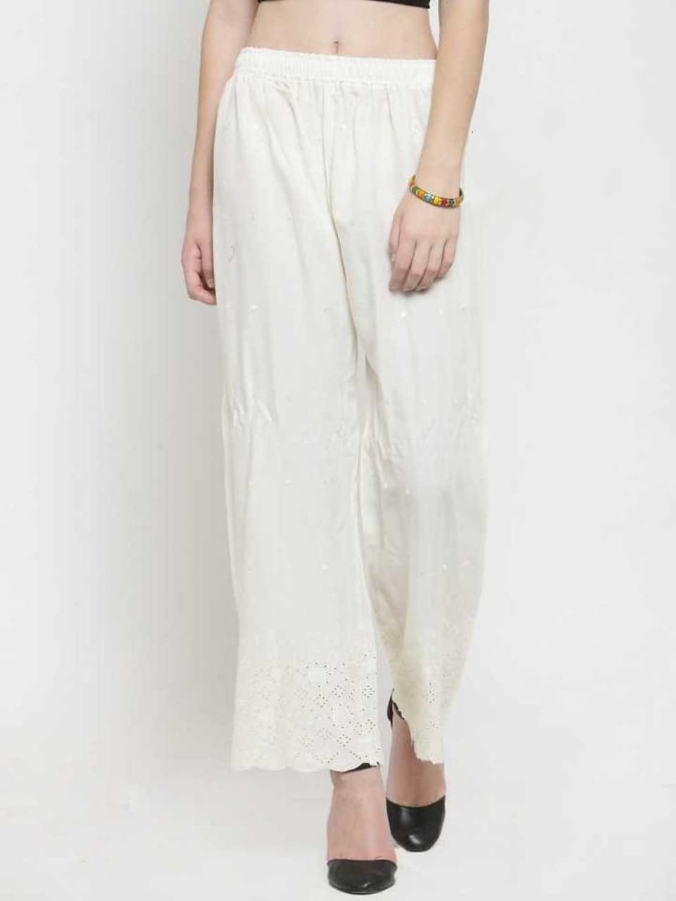 PAVONINE Off-White Color Half Schiffli Chikankari Rayon Fabric Palazzo For Women