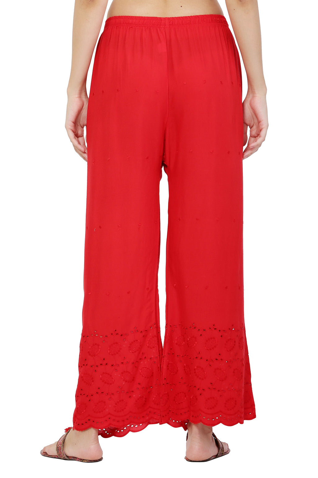 PAVONINE Red Color Half Schiffli Chikankari Rayon Fabric Sharara For Women