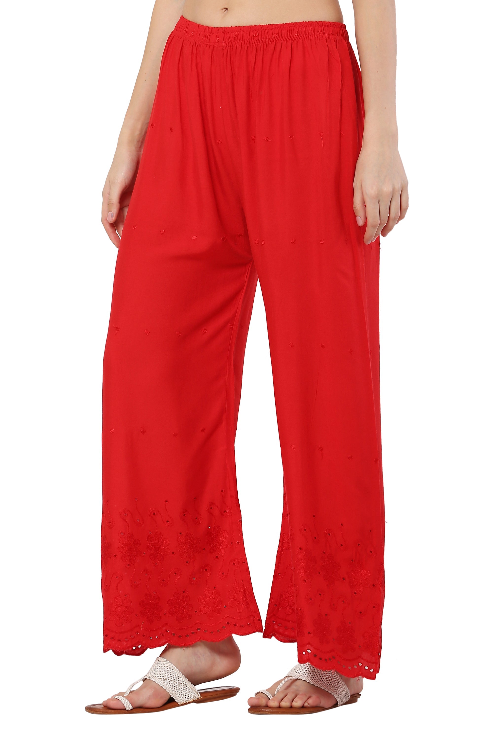 PAVONINE Red Color Half Schiffli Chikankari Rayon Fabric Palazzo For Women