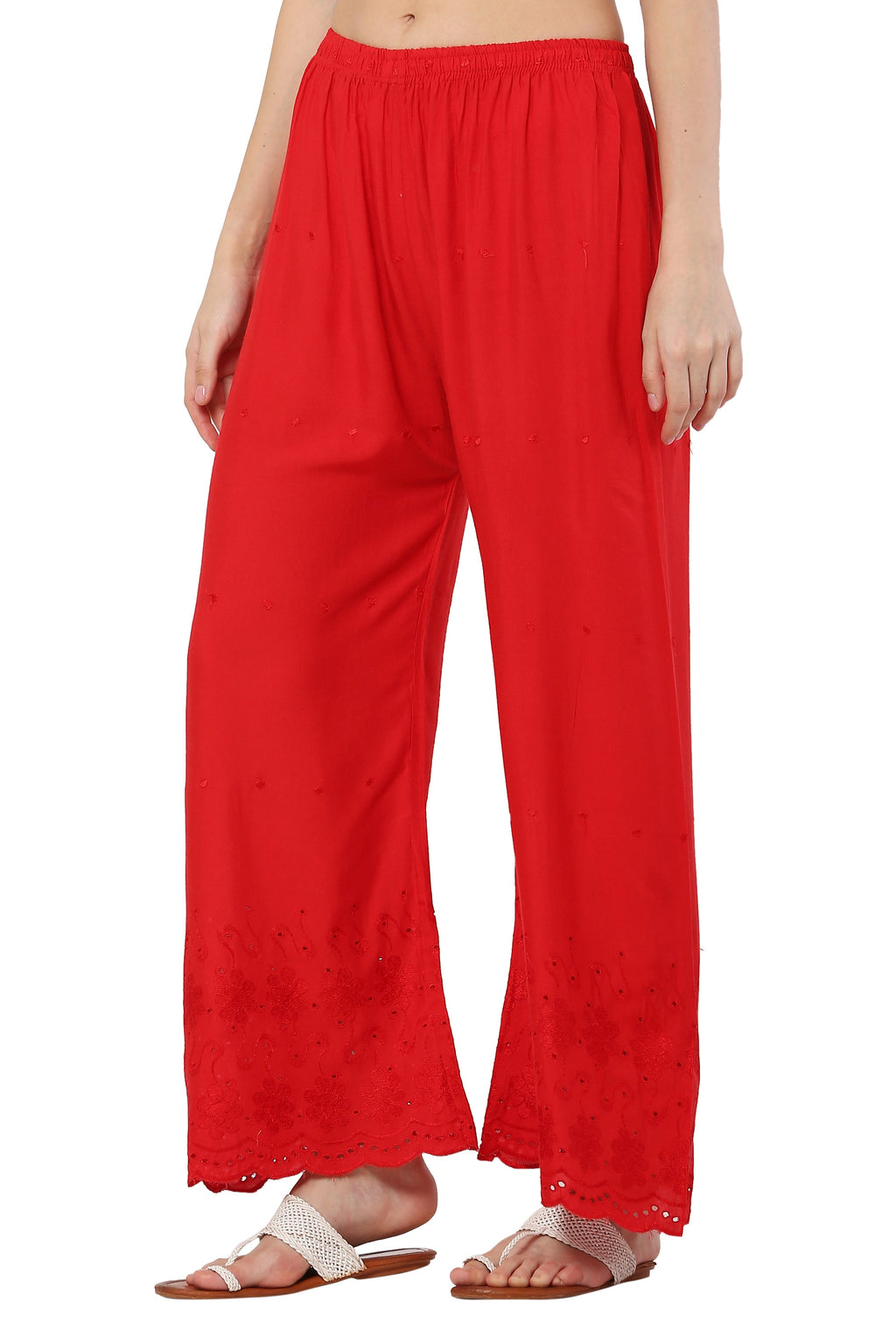 PAVONINE Red Color Half Schiffli Chikankari Rayon Fabric Sharara For Women