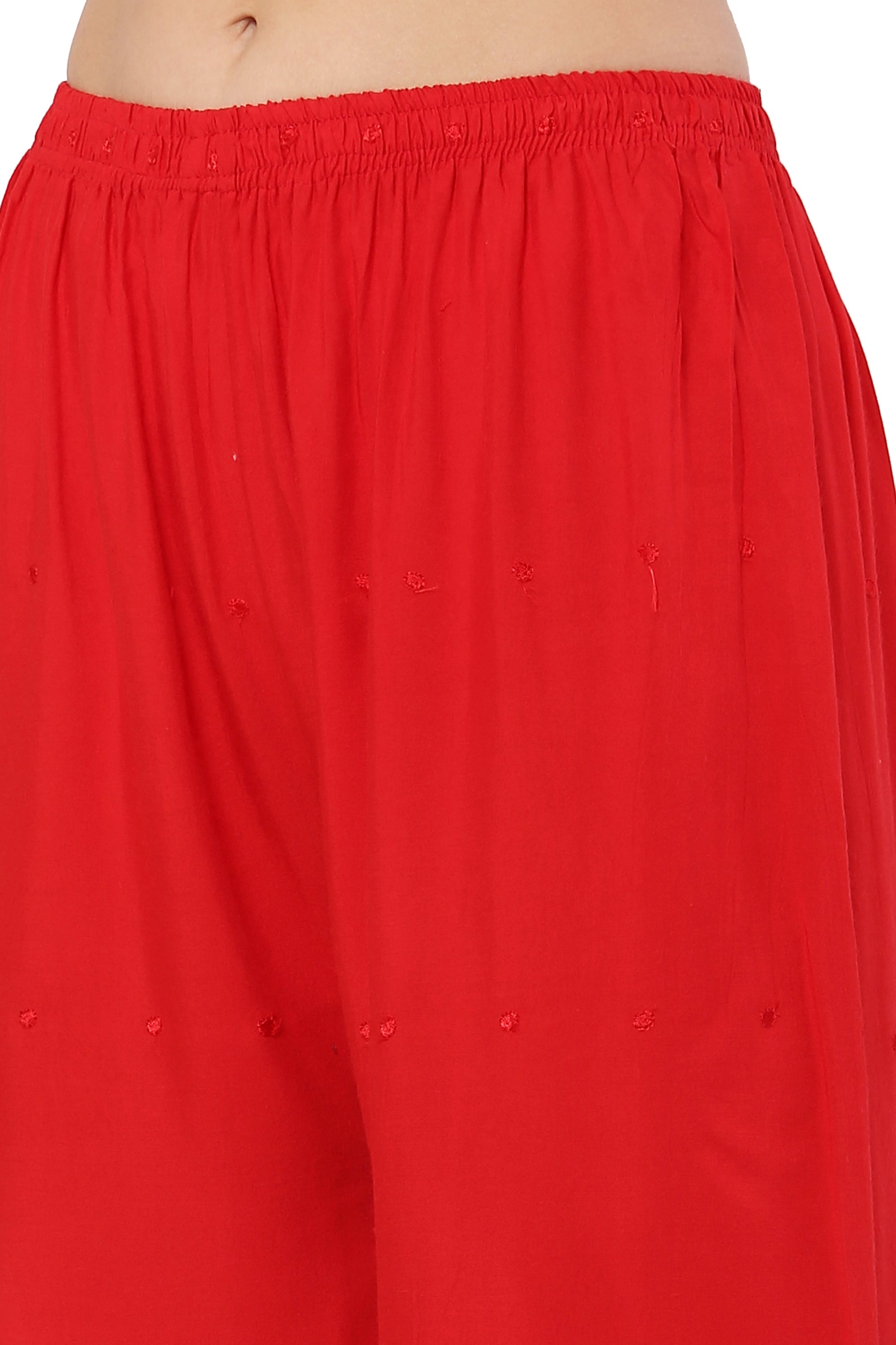 PAVONINE Red Color Half Schiffli Chikankari Rayon Fabric Palazzo For Women