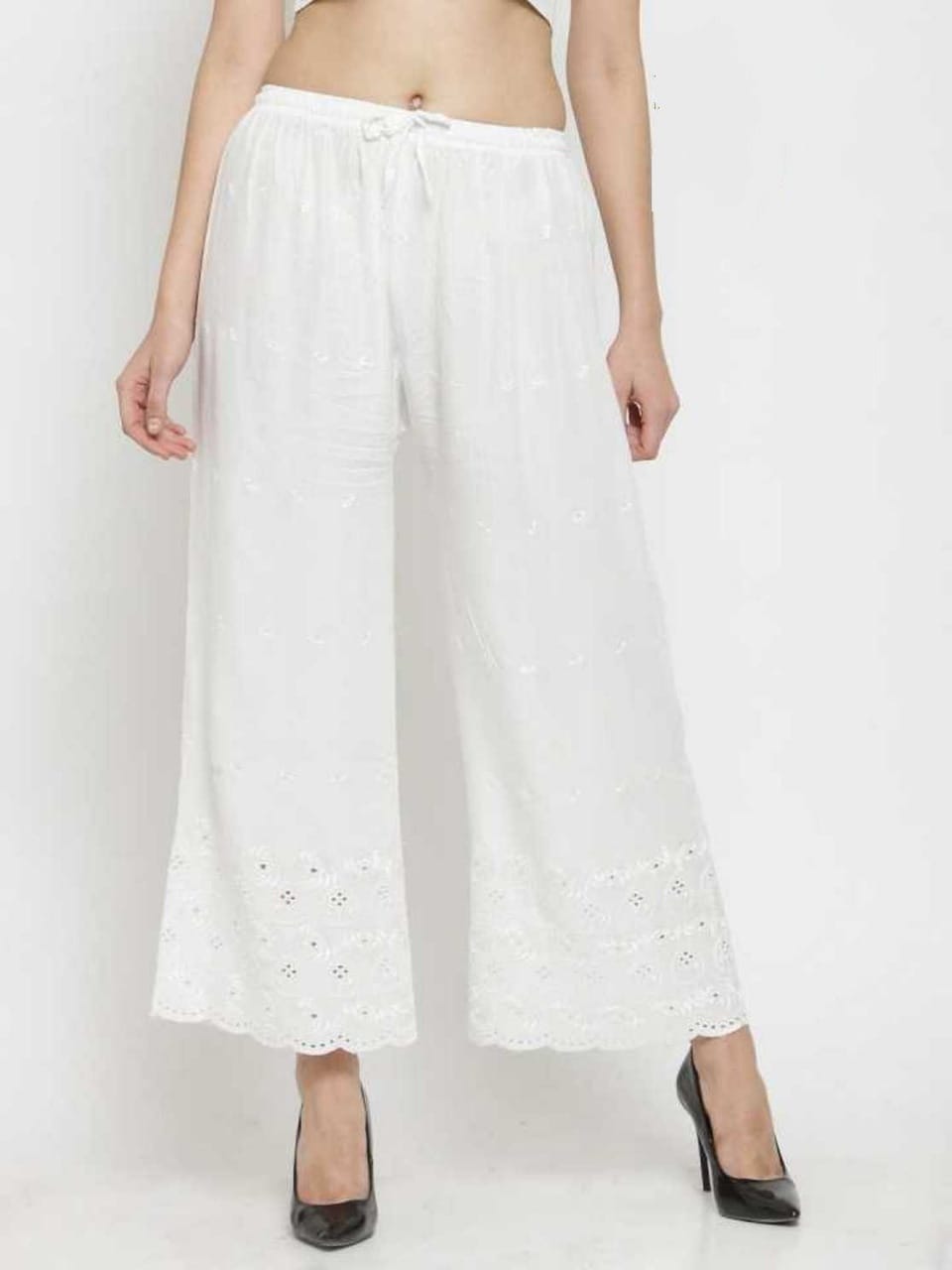 PAVONINE Off-White Color Half Schiffli Chikankari Rayon Fabric Sharara For Women