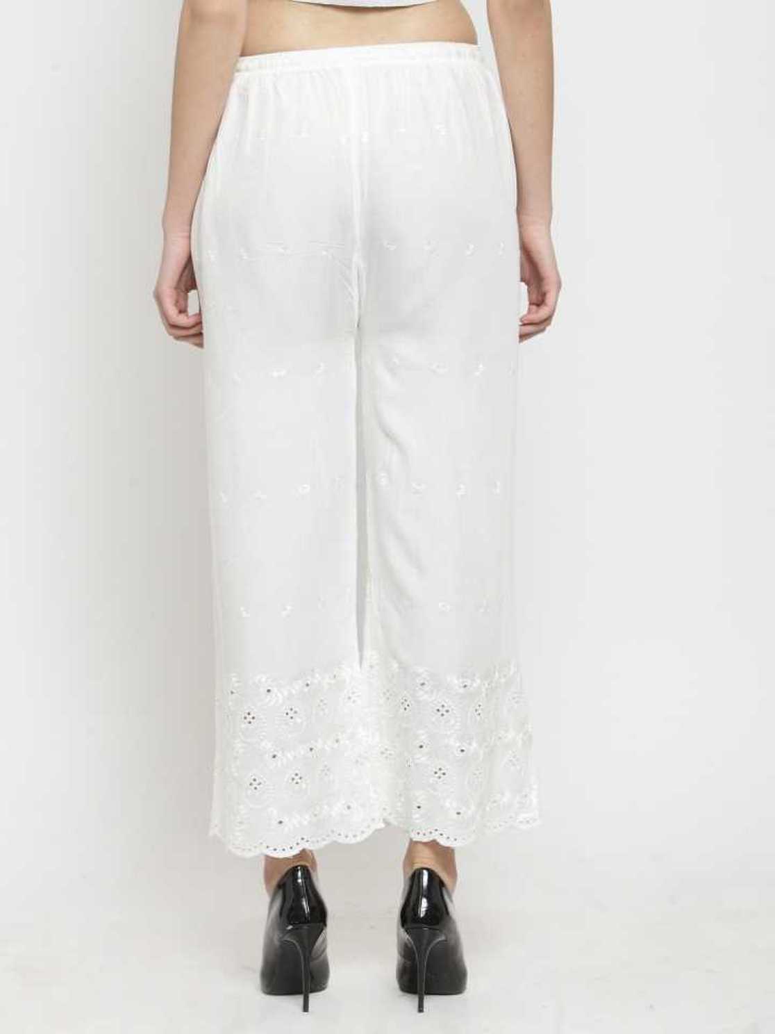 PAVONINE White Color Half Schiffli Chikankari Rayon Fabric Palazzo For Women