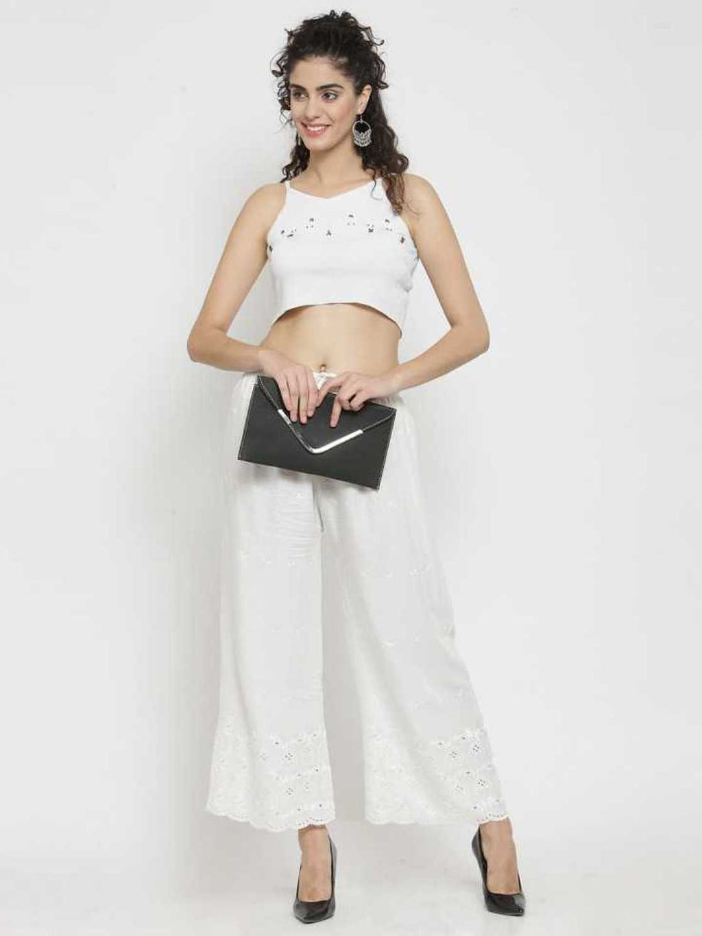 PAVONINE White Color Half Schiffli Chikankari Rayon Fabric Palazzo For Women