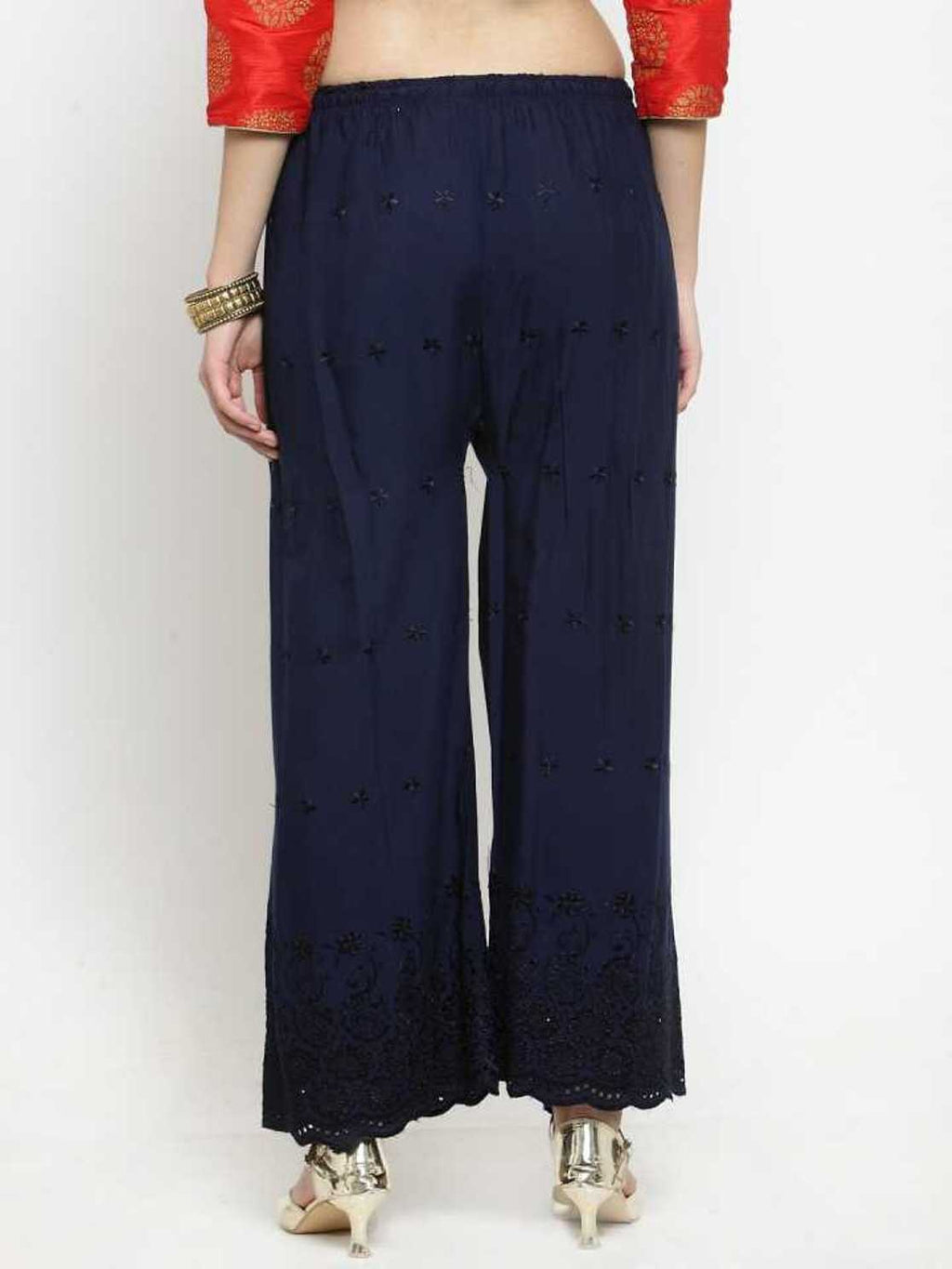 PAVONINE Navy Blue Color Half Schiffli Chikankari Rayon Fabric Palazzo For Women