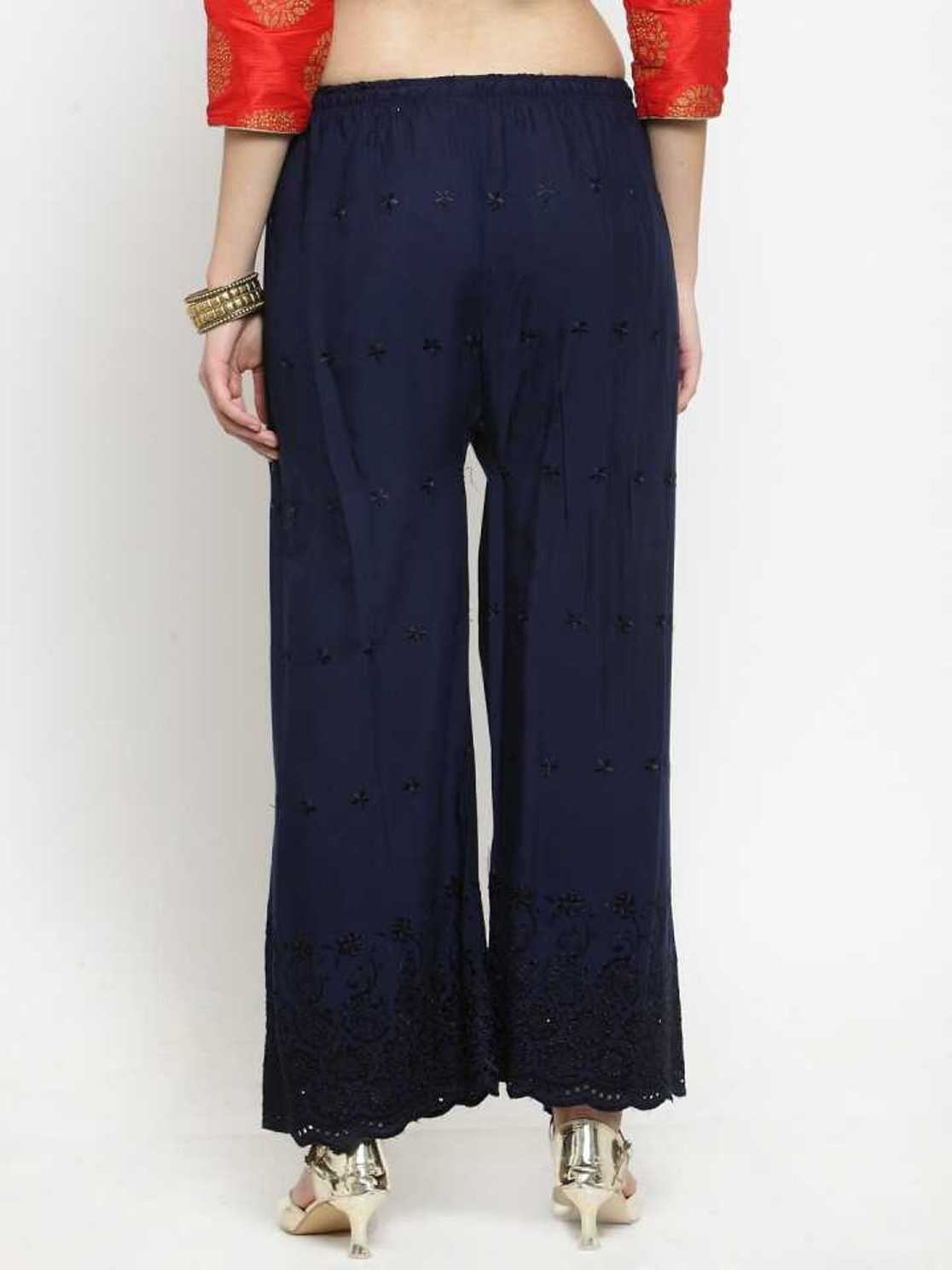 PAVONINE Navy Blue Color Half Schiffli Chikankari Rayon Fabric Sharara For Women
