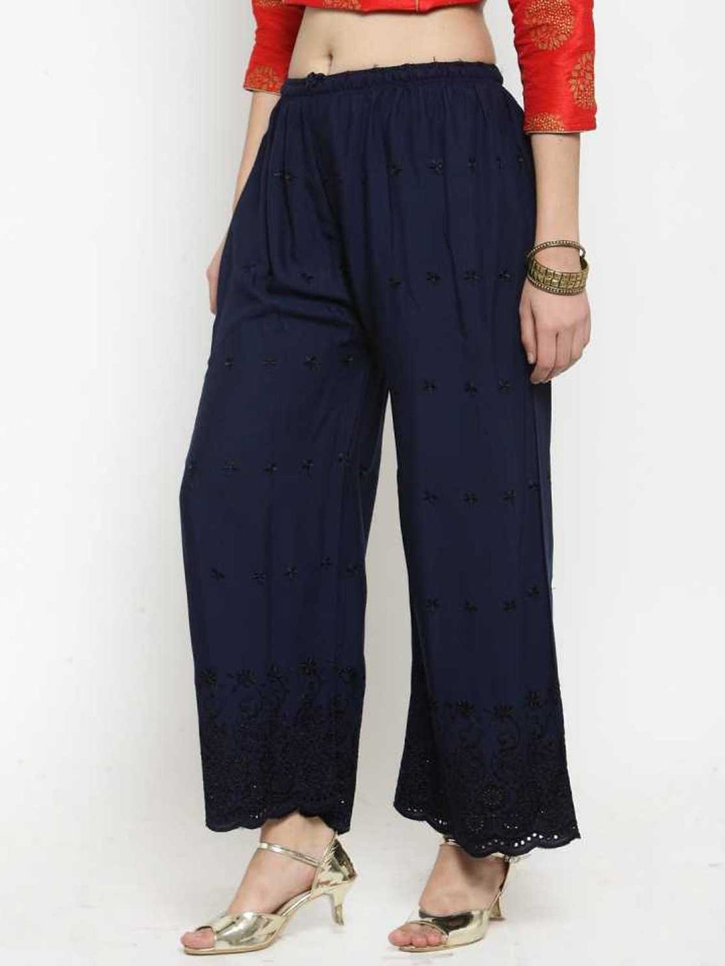 PAVONINE Navy Blue Color Half Schiffli Chikankari Rayon Fabric Palazzo For Women
