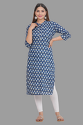 House of RP Women's Blue Cotton Floral Print Straight Kurta