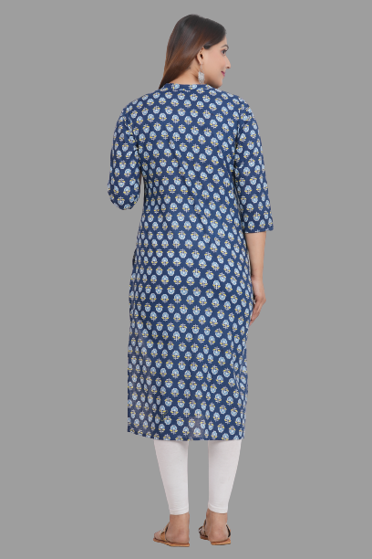 House of RP Women's Blue Cotton Floral Print Straight Kurta