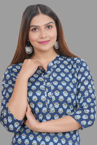 House of RP Women's Blue Cotton Floral Print Straight Kurta