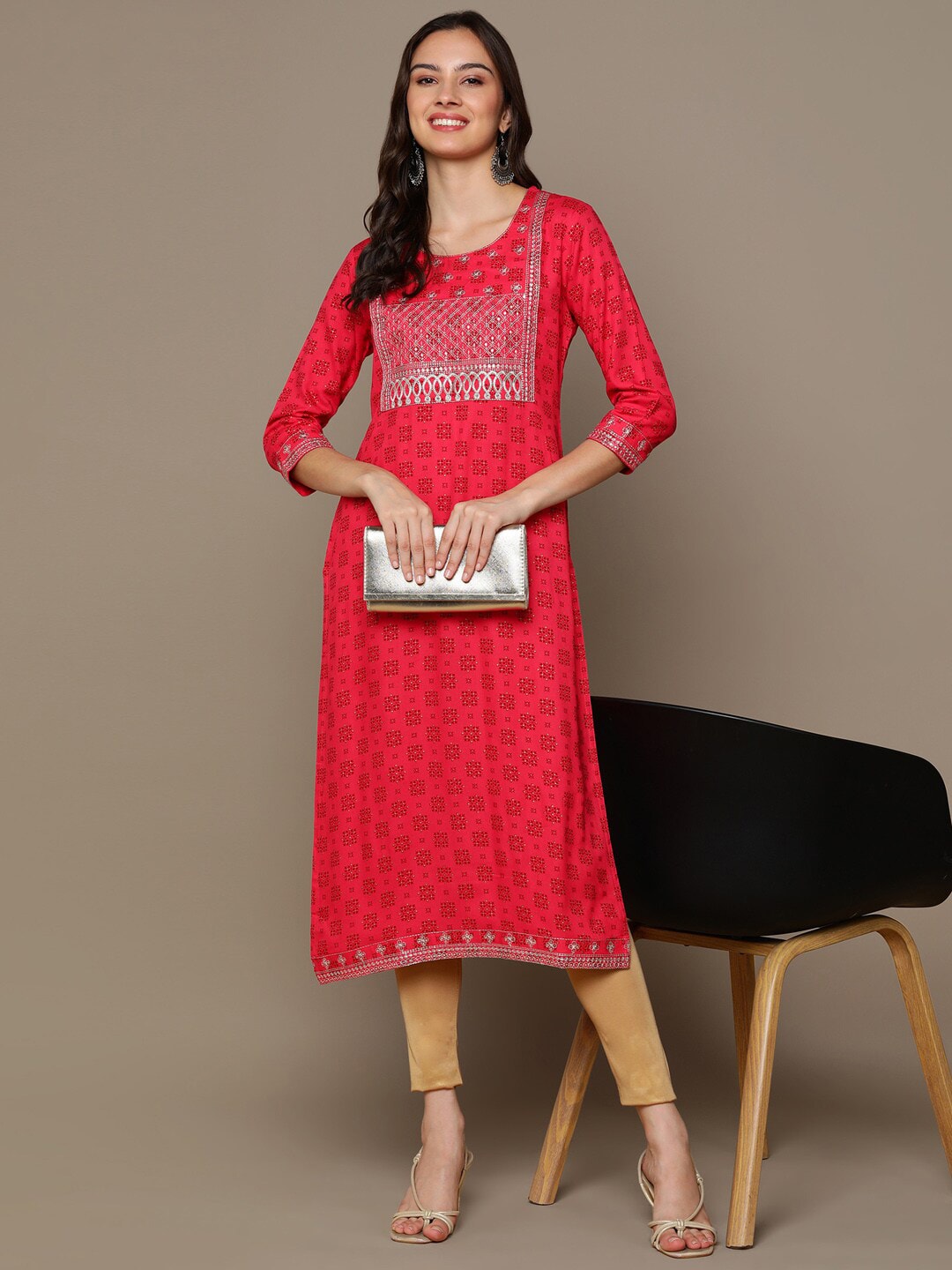 HERE&NOW Ethnic Motifs Printed Sequined Embroidered Straight Kurta